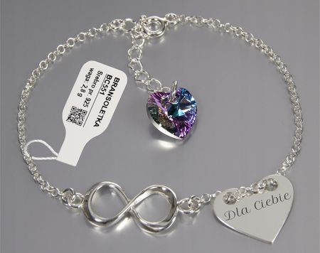 Bransoletka srebrna z kr. Swarovski Infinity Serce Grawer Srebro próby 925 - zdjęcie 2