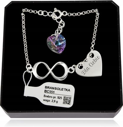 Bransoletka srebrna z kr. Swarovski Infinity Serce Grawer Srebro próby 925 - zdjęcie 3