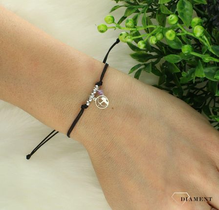 Diament Srebrna bransoletka 925 na czarnym sznurku z ametystem Zodiak Strzelec - zdjęcie 2