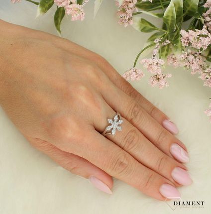 Diament Srebrny pierścionek damski 925 śnieżynka z cyrkoniami - zdjęcie 2