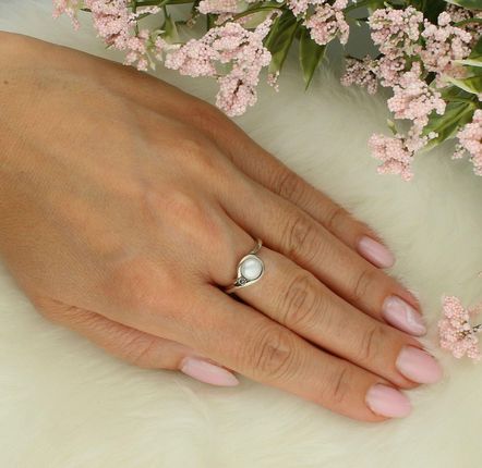 Diament Srebrny pierścionek damski 925 z perłą rozmiar 11 - zdjęcie 2