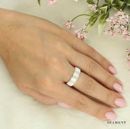 Diament Srebrny pierścionek damski 925 biała ceramika z pozłacanymi elementami rozmiar 12 - zdjęcie 2