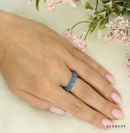 Diament Srebrny pierścionek damski 925 obrączka z niebieskimi cyrkoniami - zdjęcie 2