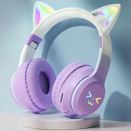 Słuchawki bezprzewodowe nauszne z mikrofonem dla dzieci kocie uszy LED RGB fiolet BH100-KIDS-F - zdjęcie 6