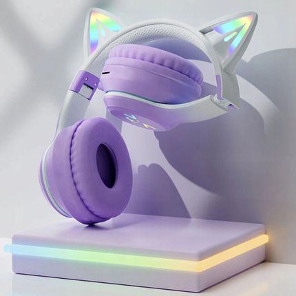 Słuchawki bezprzewodowe nauszne z mikrofonem dla dzieci kocie uszy LED RGB fiolet BH100-KIDS-F - zdjęcie 2