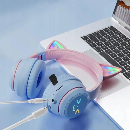Słuchawki bezprzewodowe nauszne z mikrofonem dla dzieci kocie uszy LED RGB fiolet BH100-KIDS-F - zdjęcie 4