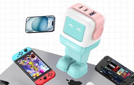 Ugreen Nexode RG Robot GaN, 2x USB-C + USB, 65W różowo - niebieska - zdjęcie 6