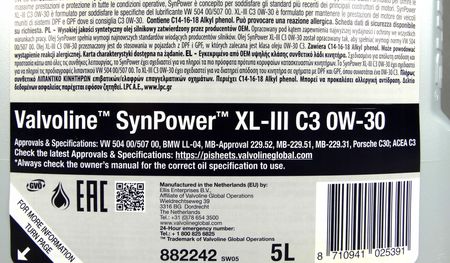 Valvoline Synthetic Synpower 0W30 Xl-Iii C3 5L - zdjęcie 2