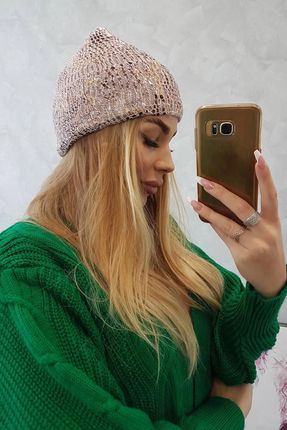 Czapka z moherem Panterka K233 pudrowy róż - zdjęcie 2