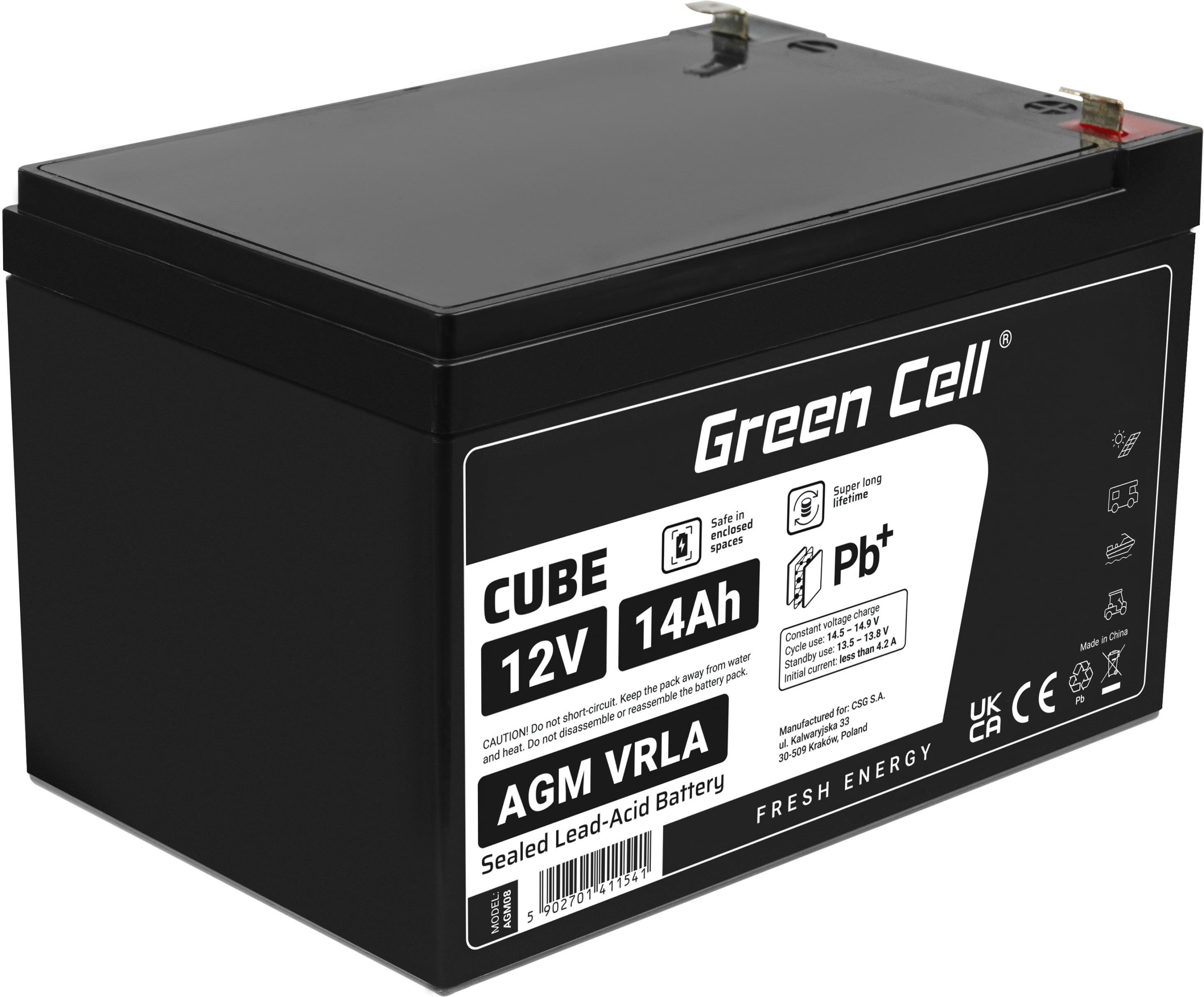 Zdjęcie Produkt Z Outletu: Green Cell Agm Vrla 12V 14Ah Bezobsługowy Akumulator Do Systemu Alarmowego Kasy Fiskalnej Zabawki - Krzeszowice