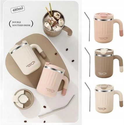 Ecarla Duży Pojemny Kubek Termiczny Ze Słomką 480Ml Termos Zamykany Coffe Cup17Br Brązowy - zdjęcie 4