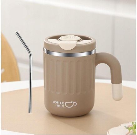 Ecarla Duży Pojemny Kubek Termiczny Ze Słomką 480Ml Termos Zamykany Coffe Cup17Br Brązowy - zdjęcie 3