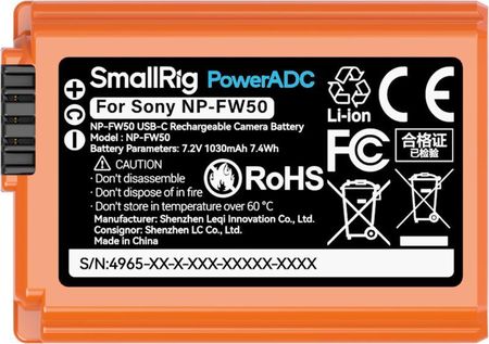 SmallRig 4965 NP-FW50 USB-C POMARAŃCZOWY akumulator z ładowaniem przez USB-C + KABEL do aparatów SONY - zdjęcie 3