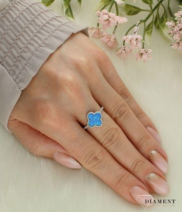 Diament Srebrny pierścionek damski 925 koniczyna z niebieskim opalem DIA-PRS-12276-925 - zdjęcie 2