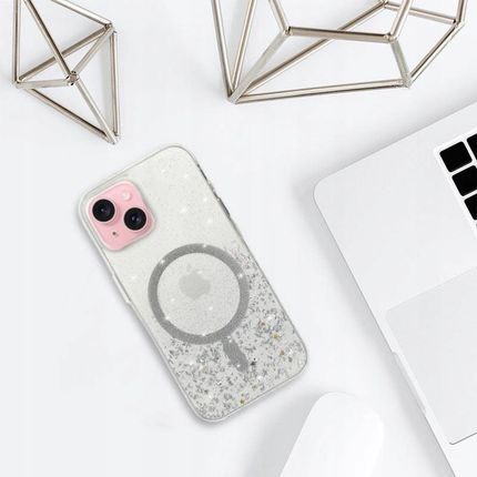 Gsm Hurt Etui Do Apple Iphone 15 Obudowa Pokrowiec Magsafe Glitter Srebrne I Szkło - zdjęcie 3
