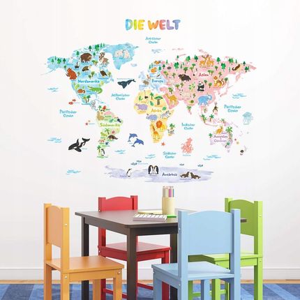Deco-Wall Decowall Mapa Świata W Języku Niemieckim Zwierzęta Kontynenty Kolorowa - zdjęcie 2