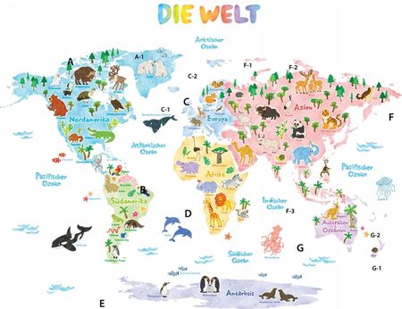 Deco-Wall Decowall Mapa Świata W Języku Niemieckim Zwierzęta Kontynenty Kolorowa - zdjęcie 3