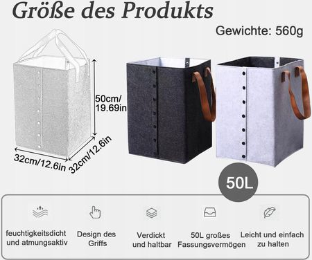 Gmyiak Kosze Na Pranie Filcowe 50L Z Uchwytem Szare - zdjęcie 2
