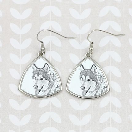 Art-Dog Alaskan Malamute trójkątne wiszące kolczyki z psem ze zdjęciem - zdjęcie 3