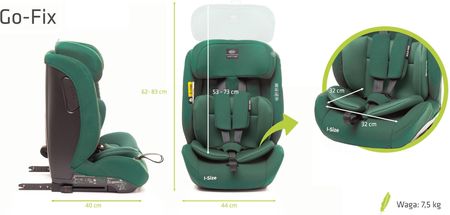 LEKKI FOTELIK SAMOCHODOWY ISOFIX GO-FIX GOFIX I-SIZE 76-150CM REGULOWANY DARK GREEN - zdjęcie 6