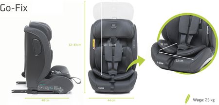 LEKKI FOTELIK SAMOCHODOWY ISOFIX GO-FIX GOFIX I-SIZE 76-150CM REGULOWANY GRAPHITE - zdjęcie 2