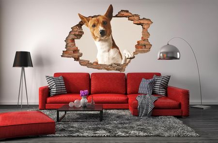 Centrumnaklejek 2M Studio Dziura W Ścianie 3D Nr 109 Pies Dziura W Ścianie Z Cegieł Naklejka 3D - zdjęcie 4