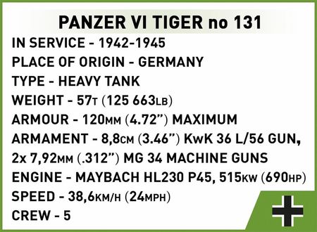 COBI Historical Collection WWII Panzer VI Tiger I No 131 (COBI-3123) - zdjęcie 4