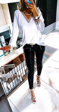 . BIAŁA TUNIKA BLUZKA ELEGANCKA Z KORONKĄ KOSZULA DO PRACY PLUS SIZE 44 - zdjęcie 4