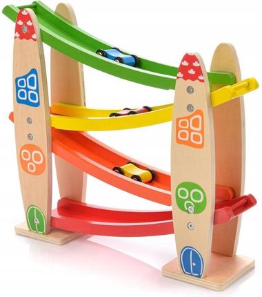Kinderlly Zjeżdżalnia Samochodowa Drewniany Tor Wyścigowy + 3 Auta - zdjęcie 2