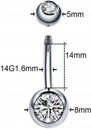 Sterylny Tytan kolczyk do pępka 14mm kryształki Cz - zdjęcie 4
