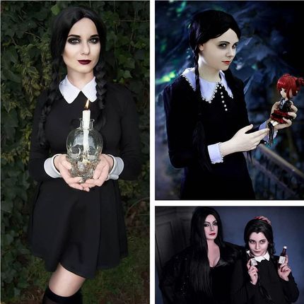 peruka Wednesday Addams Czarna dla kobiet i dziewcząt, naturalny wygląd - zdjęcie 3