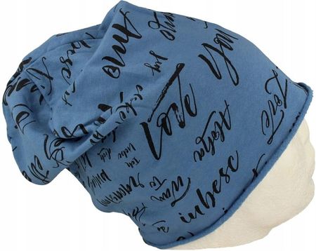 Czapka damska Beanie włoska cienka smerfetka bawełna niebieska z napisami - zdjęcie 2