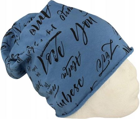 Czapka damska Beanie włoska cienka smerfetka bawełna niebieska z napisami - zdjęcie 3
