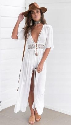 DŁUGA TUNIKA PLAŻOWA BIAŁA SUKIENKA DAMSKA MAXI KORONKA WIĄZANA BOHO L 40 - zdjęcie 4