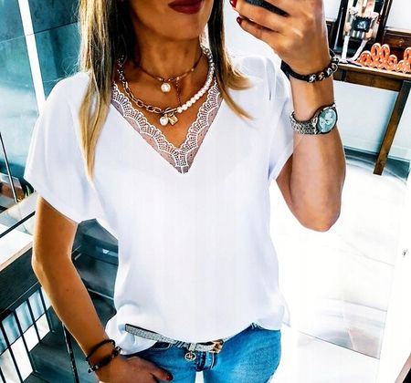 . BIAŁA BLUZKA ELEGANCKA POD ZAKIET KORONKA LUŹNA - zdjęcie 2
