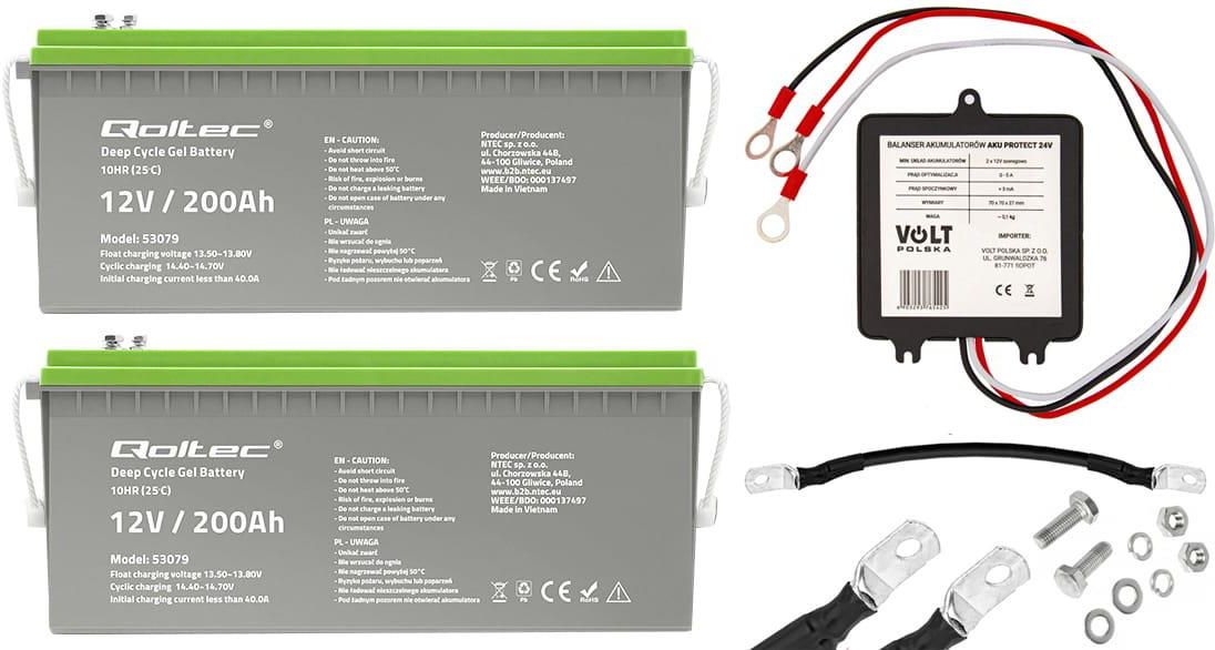 Zdjęcie Volt Polska / Qoltec Zestaw: 2 x akumulator żelowy Qoltec GEL Deep Cycle Professional LongLife 12V 200Ah + balanser do zestawu akumulatorów 24V - Tychy