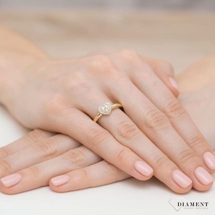 Złoty pierścionek damski 585 Pierścionek Serce wysadzane brązowymi i białymi Diamentami 0,10 ct - zdjęcie 4