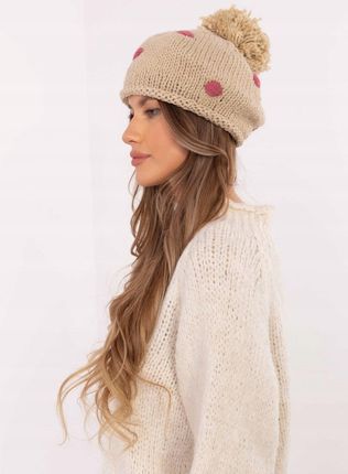Czapka beżowa z pomponem, beret zimowy w kropki - zdjęcie 4