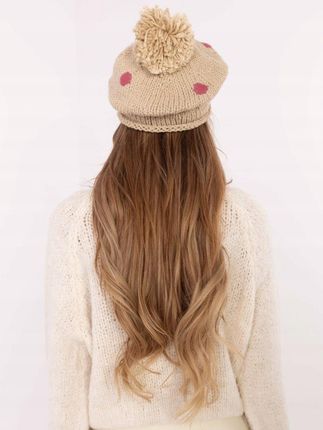 Czapka beżowa z pomponem, beret zimowy w kropki - zdjęcie 2