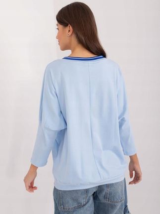 Bluzka oversize niebieska rekaw 3/4 dekolt w serek - zdjęcie 6
