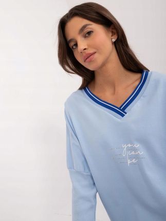Bluzka oversize niebieska rekaw 3/4 dekolt w serek - zdjęcie 3