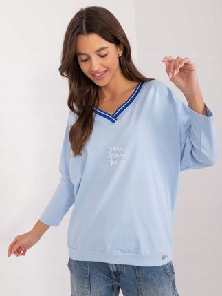 Bluzka oversize niebieska rekaw 3/4 dekolt w serek - zdjęcie 2