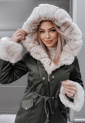 Kurtka z futerkiem i kapturem Jazmine ecru-khaki : Rozmiar - XL - zdjęcie 3