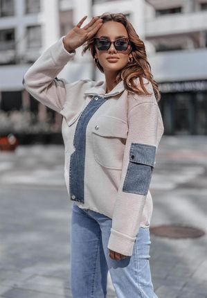 Kurtka alpaka z jeansowymi wstawkami Total Look beżowa : Rozmiar - UNIWERSALNY - zdjęcie 2