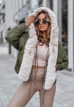 Pikowana puchowa kurtka z futerkiem Dani khaki : Rozmiar - M/L - zdjęcie 3