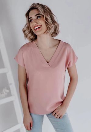 Bluzka z dekoltem w serek Daphne różowa : Rozmiar - 46 - zdjęcie 3