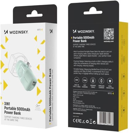 Wozinsky Mini Powerbank Wf16-Ycs 5000mAh 15W USB-C Z Wbudowanym Kablem I Ładowarką Do Apple Watch Zielony - zdjęcie 2