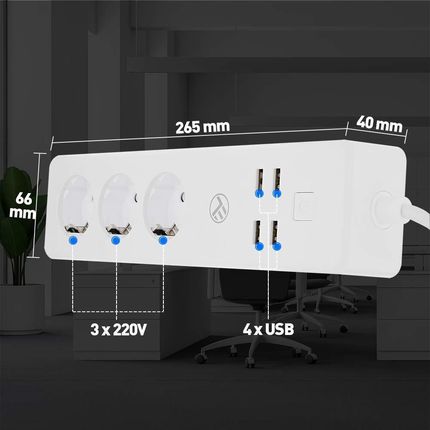 Tellur Przedłużacz WiFi Smart Power Strip 3x 4x USB 4A 2200W 10A 1.8m (593497) - zdjęcie 3