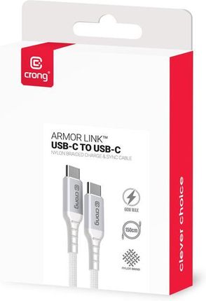 Crong Armor Link - Kabel 60W PD 3A USB-C do USB-C 25cm (biały) - zdjęcie 2