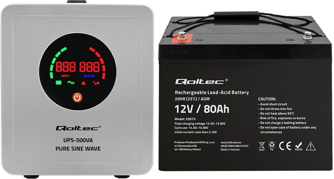 Zdjęcie Qoltec Zestaw: zasilacz awaryjny Pure Sine Wave UPS 500VA/350W + akumulator AGM LongLife 12V 80Ah (50719+53075) - Będzin